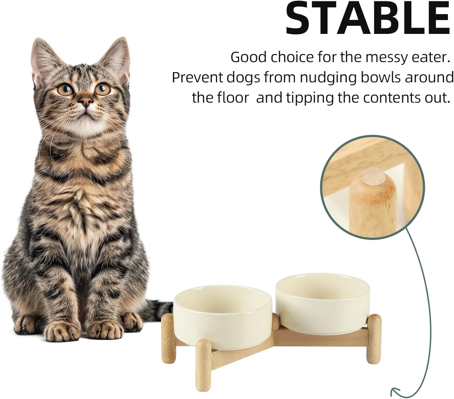 Ceramic 5.1inch Raised Double Bowls Set with Wooden Stand, Elevated Food & Water Bowls for Small Breed Dogs, Cats, Kitty, Weighted Dog Dishes, Pet Bowls(13.5oz, Beige) - Pet Explorer