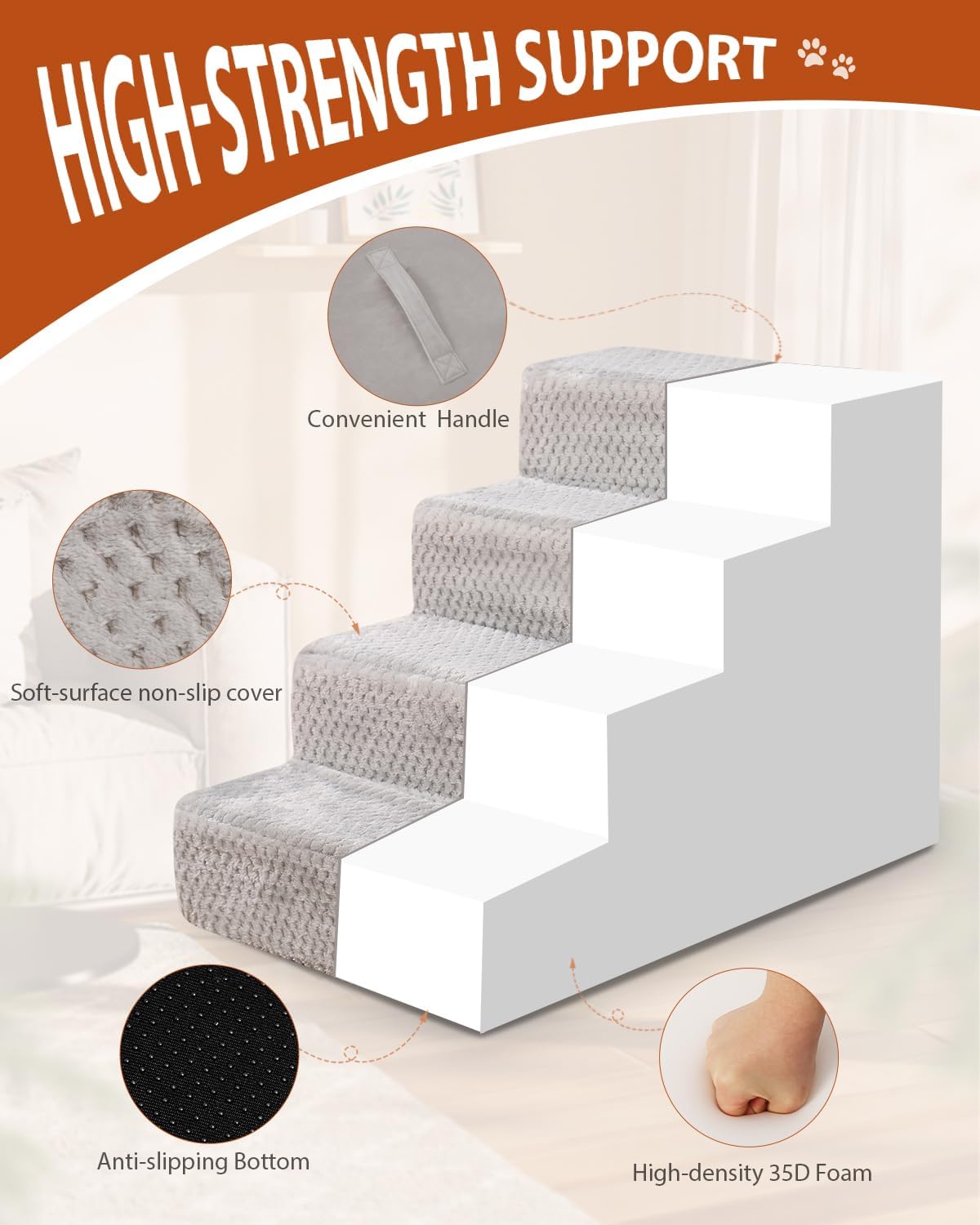 Dog Stairs for Small Dogs,17.5" H,4-Step Dog Steps for High Bed Couch and Sofa,Pet Stairs for Dogs and Cats Climbing with Non-Slip Bottom and Washable Cover,Light Grey - Pet Explorer