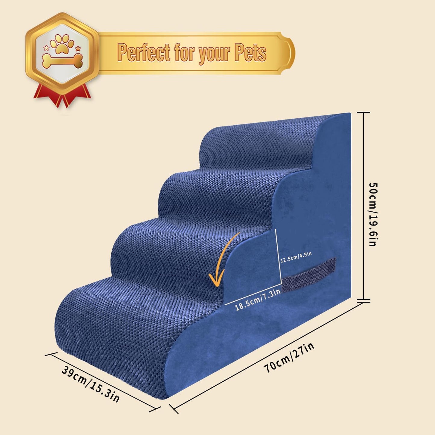 PAWSCART Dog Stairs for Small Dogs and Cats, 4-Step Dog Steps for Bed, 19.6" H Pet Stairs for High Bed, Pet Ramp for Couch, Sofa, Non-Slip Surface Removable Washable Cover, Blue - Pet Explorer