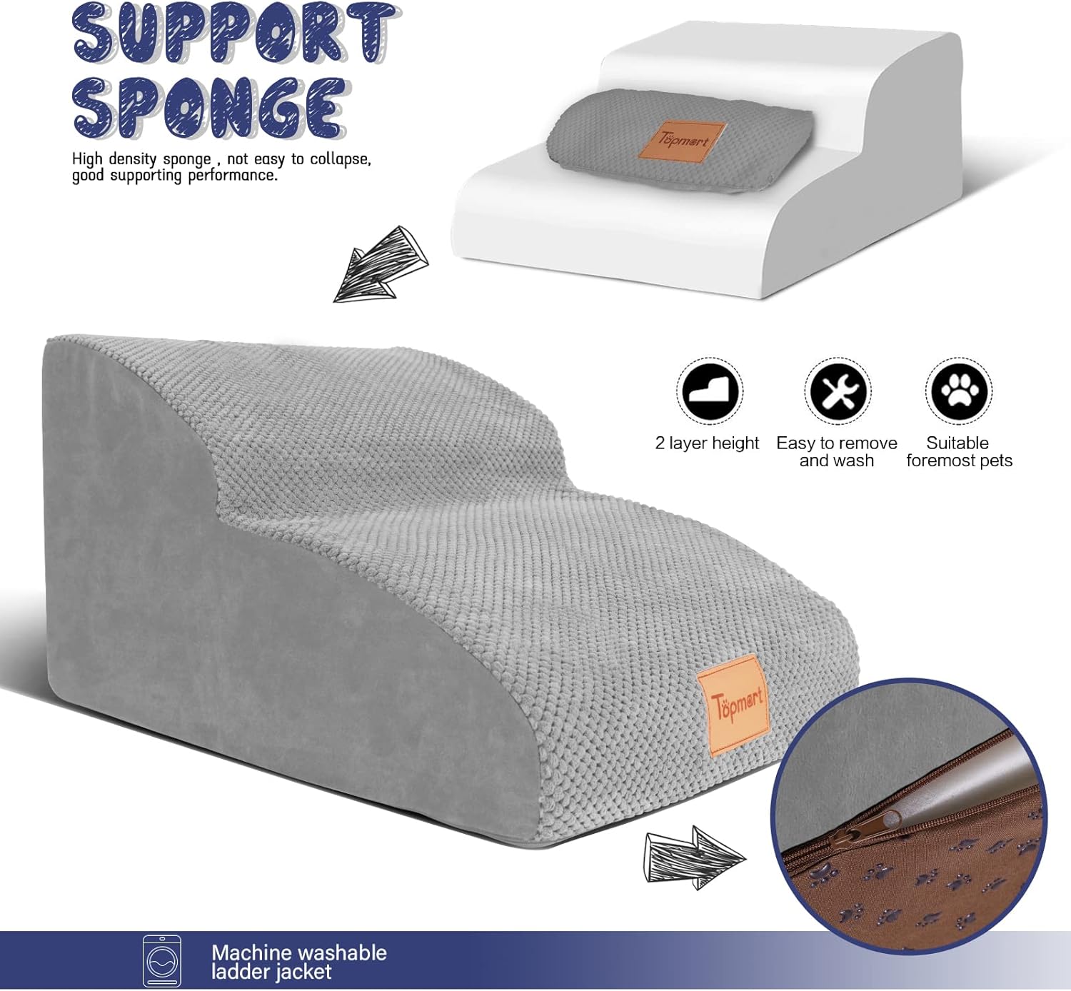 Topmart High Density Extended Foam Dog Ramp&Steps 2 Tiers,11.8" High,Non-Slip Dog Stairs,Soft Foam Pet Ladder with Waterproof Cover,Best for Injured,Older Cats,Pets with Joint Pain - Pet Explorer