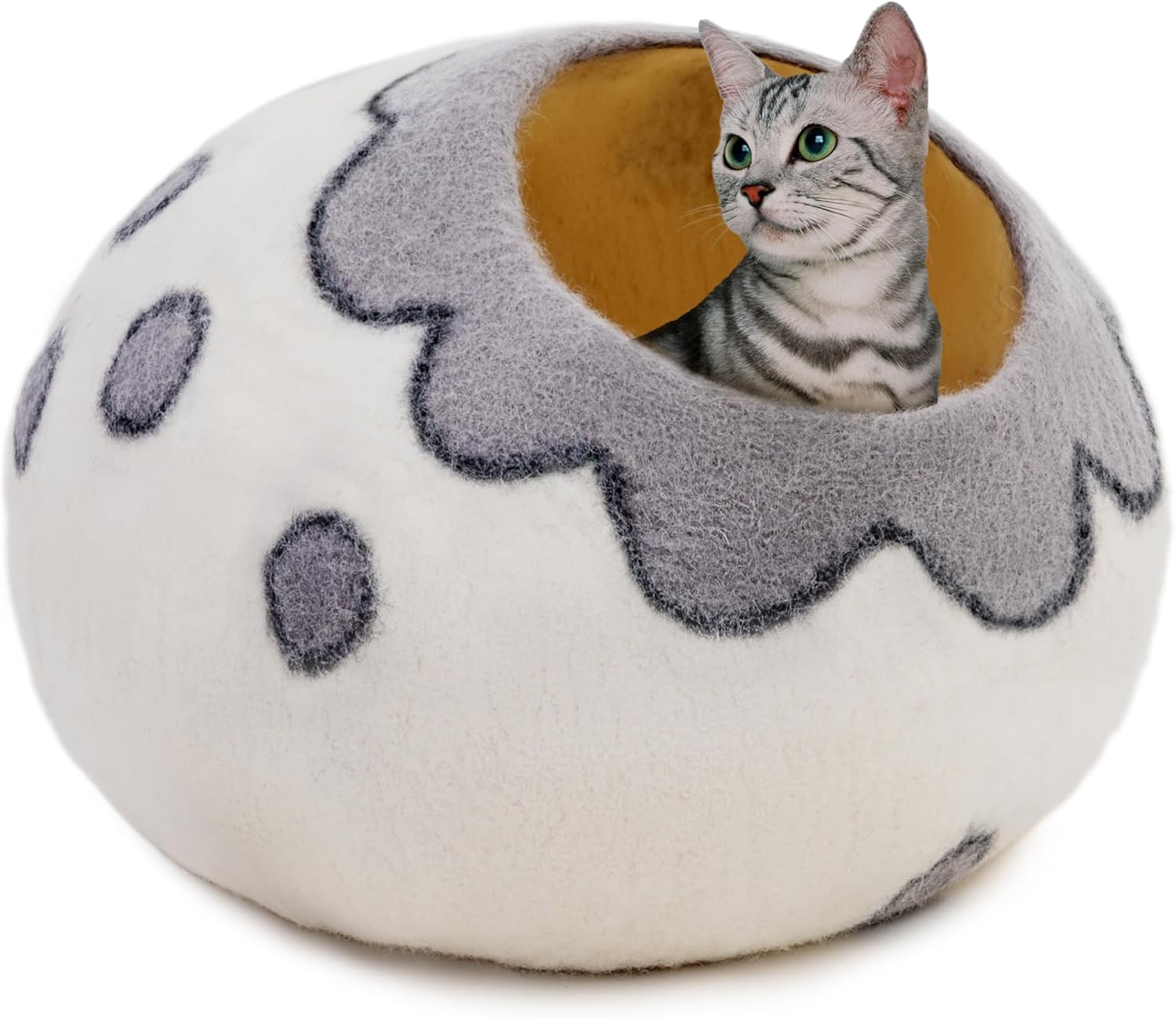 Woolygon Premium Felt Cat Cave Bed – Wool Kitty Beds Handcrafted Kitten Caves Bed for Indoor Cats - Made from 100% Eco-Friendly Merino Wool, Foldable Cat Hidewawy Covered Cat House Pod (Flower Collar) - Pet Explorer