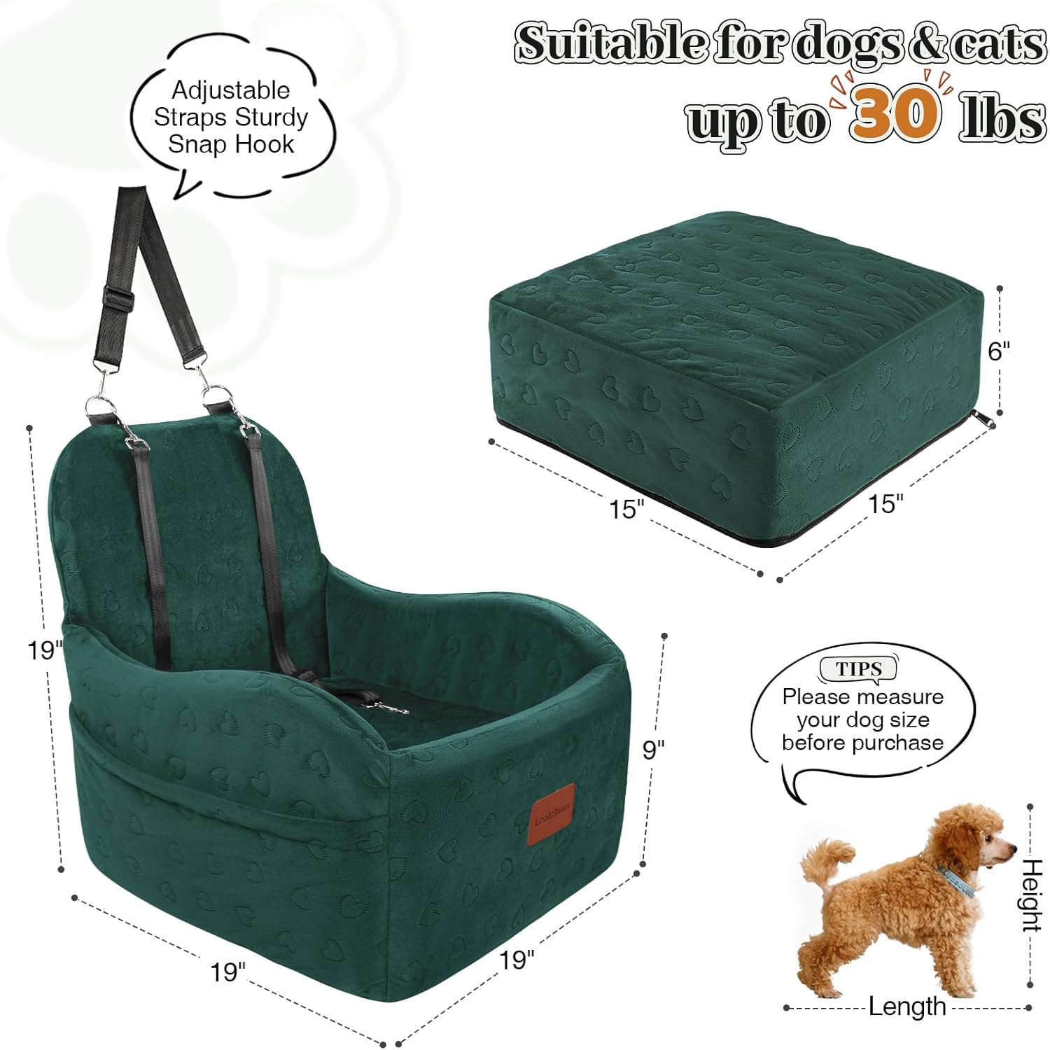 Dog Booster Car Seat for Small/Medium Dogs,6in Elevated Cushion,Fully Detachable and Washable,2 Storage Pockets & 3 Straps,Fits in Front/Back Seat,Easy to Install (Green,Medium) - Pet Explorer