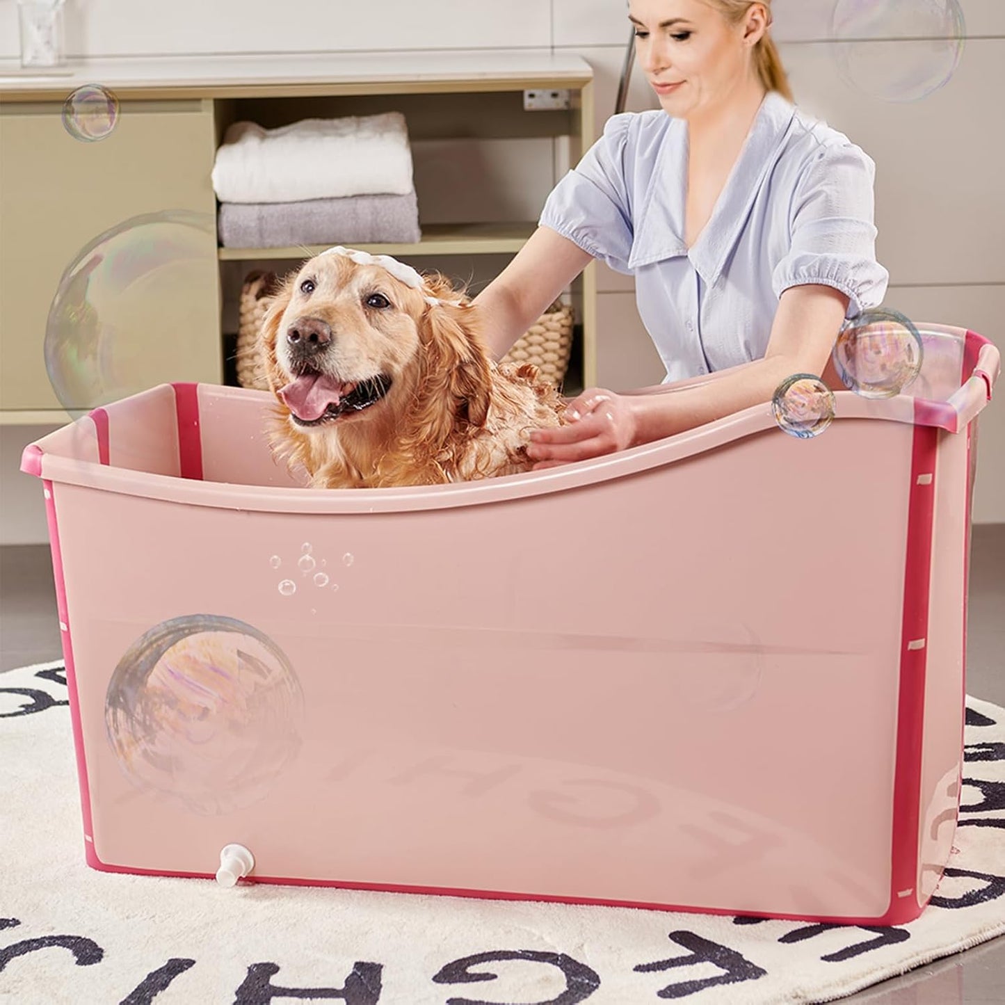 Portable Dog Bathtub for Large Dogs - 48.4Gal Foldable Pet Wash Station with Drain Plug, Insulated & Non-Slip Design for Indoor/Outdoor Bathing, Grooming, Camping（Pink） - Pet Explorer