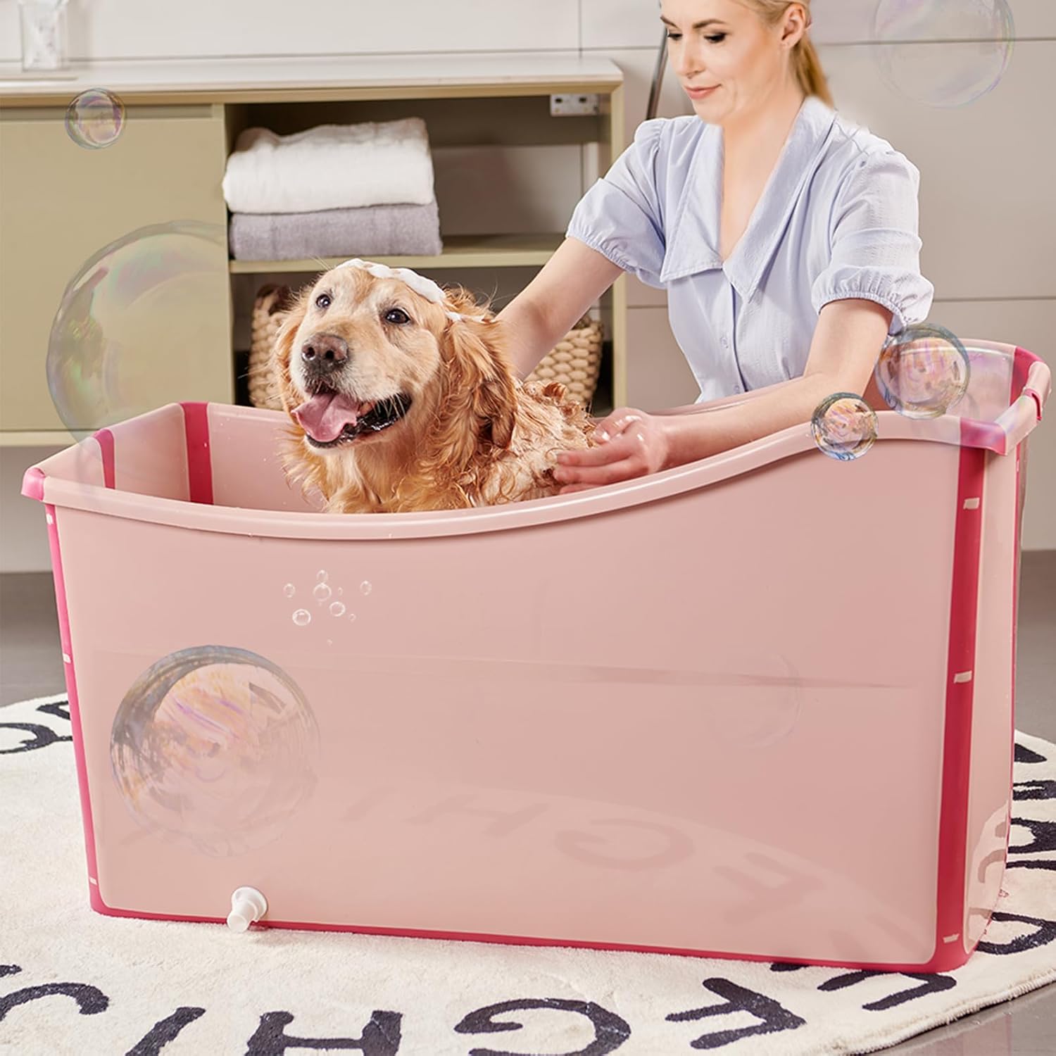 Portable Dog Bathtub for Large Dogs - 48.4Gal Foldable Pet Wash Station with Drain Plug, Insulated & Non-Slip Design for Indoor/Outdoor Bathing, Grooming, Camping（Pink） - Pet Explorer