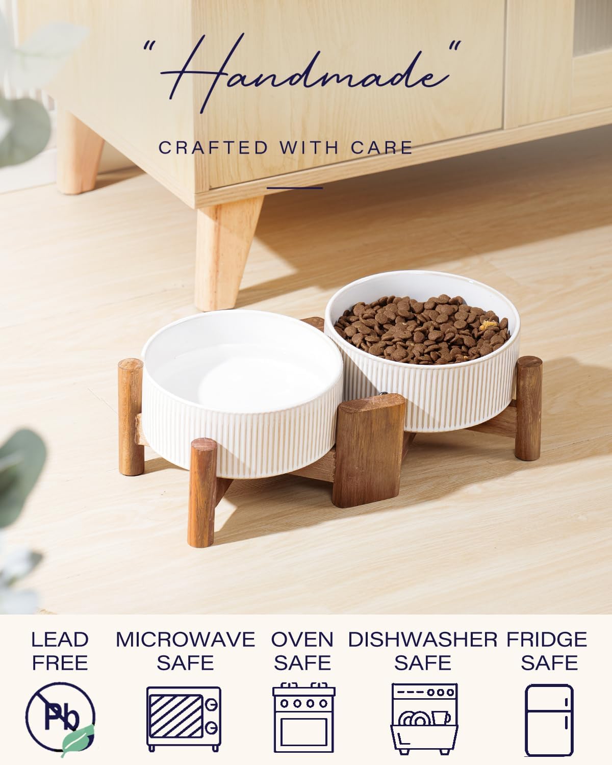Getstar Ceramic Dog Bowls with Acacia Wood Stand, 30 fl oz, Set of 2, Dog Food Bowl, Cat Bowls (6.5 inches) (Vintage White) - Pet Explorer