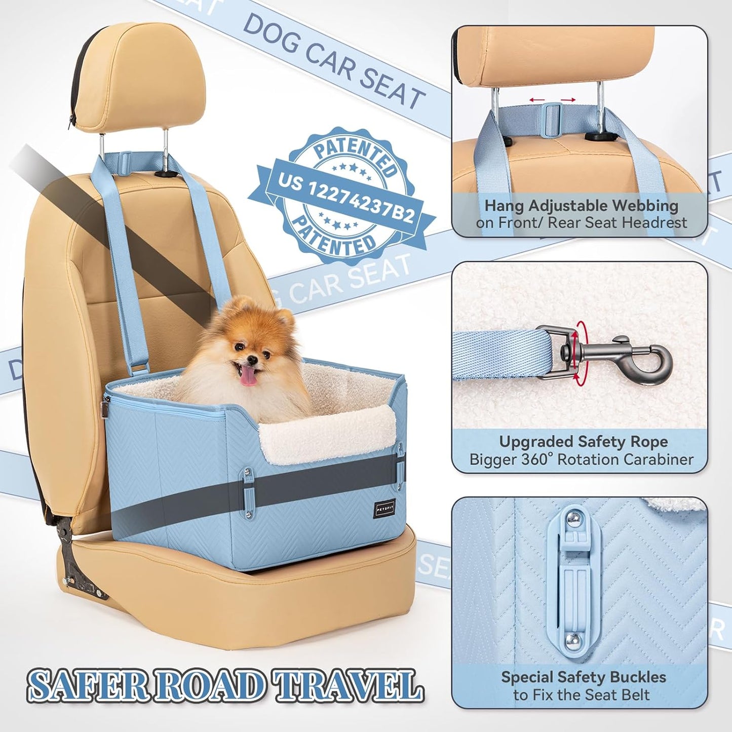 PETSFIT Dog Car Seat Medium Sized Dog, Stable Small Dog Car Seat for Car with Clip-On Leash, Fleece Liner Suitable for Small Pets Up to 25lbs (Blue) - Pet Explorer