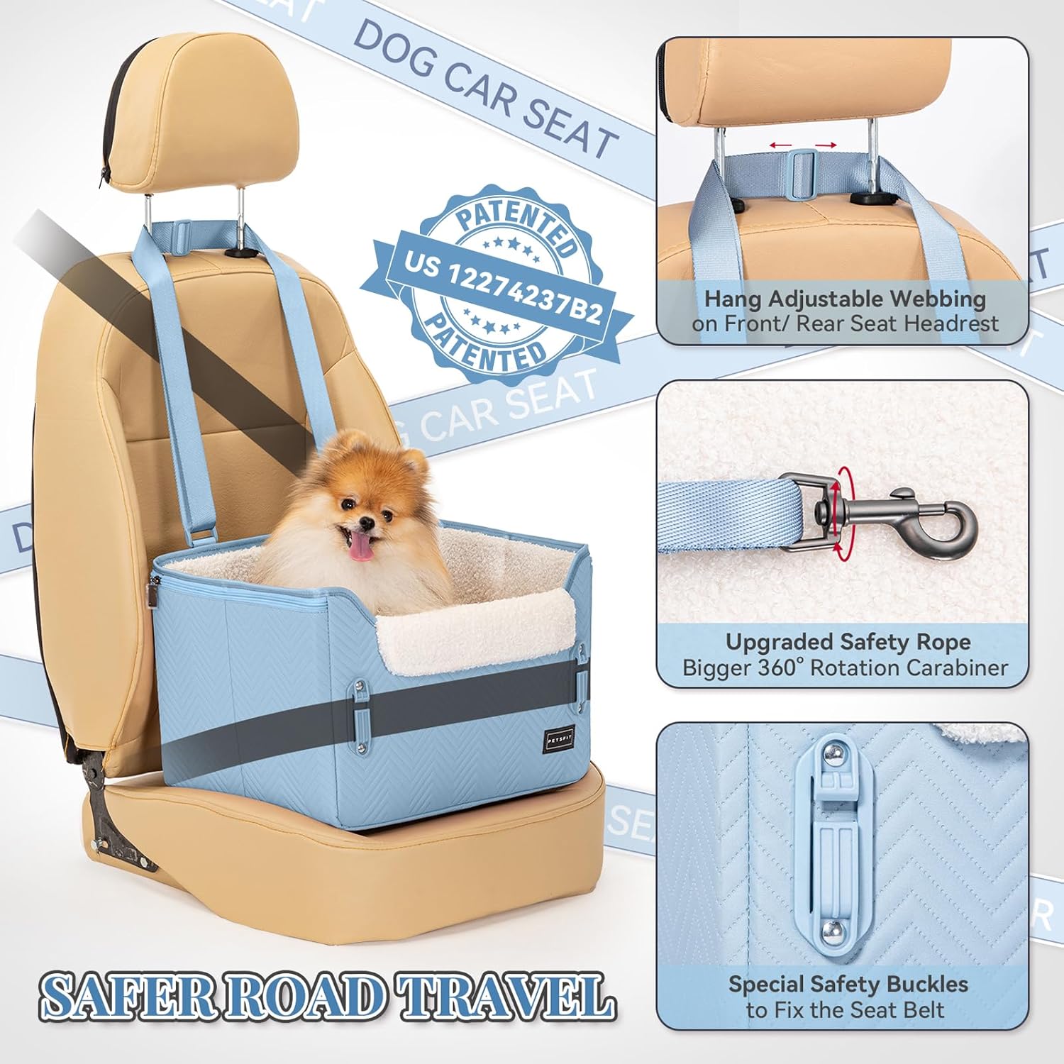 PETSFIT Dog Car Seat Medium Sized Dog, Stable Small Dog Car Seat for Car with Clip-On Leash, Fleece Liner Suitable for Small Pets Up to 25lbs (Blue) - Pet Explorer