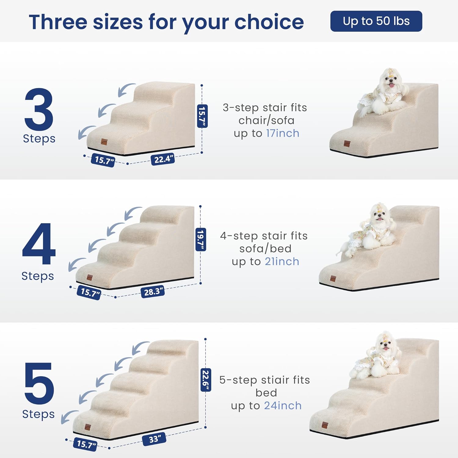 GoGoBunny Ramp Dog Stairs for Couch Sofa and Chair 15.7" H, 3-Step Pet Steps for Small Dogs and Cats, Non-Slip Waterproof Fabric Cover, Stable and Balanced Indoor Step, Pets Friendly, Beige - Pet Explorer