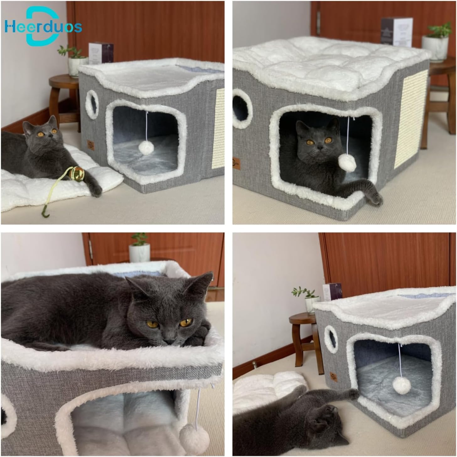 Cat Bed for Indoor Cats,Covered Cat Cave House & Furniture with Scratch Pad,Foldable Cat Hideaway Hut Cute Cat Condo with Soft Washable Mat for Multi Small Pet Under 30 lbs,Light Grey - Pet Explorer