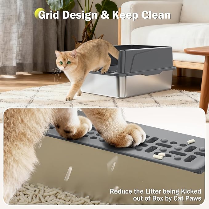 Stainless Steel Cat Litter Box with Lid, High-Sided Metal Litter Pan for Small Cats, Kitty Litter Box, Non-Stick & Odor-Resistant, Anti-Urine Leakage, Easy to Clean, Scoop Included