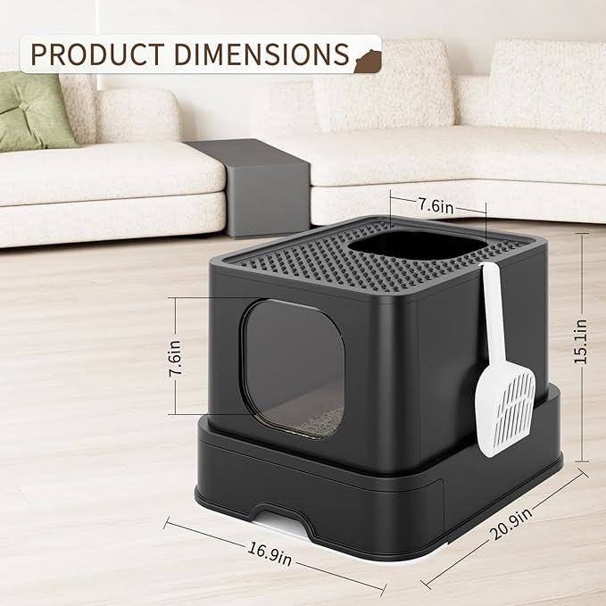 RIZZARI Stainless Steel Litter Box: Spacious Enclosed Design with Easy-Clean Drawer - Dual Entry with Top Exit and Door - Black Leak-Proof & Odor-Free Tray for Cats in Garage Basement