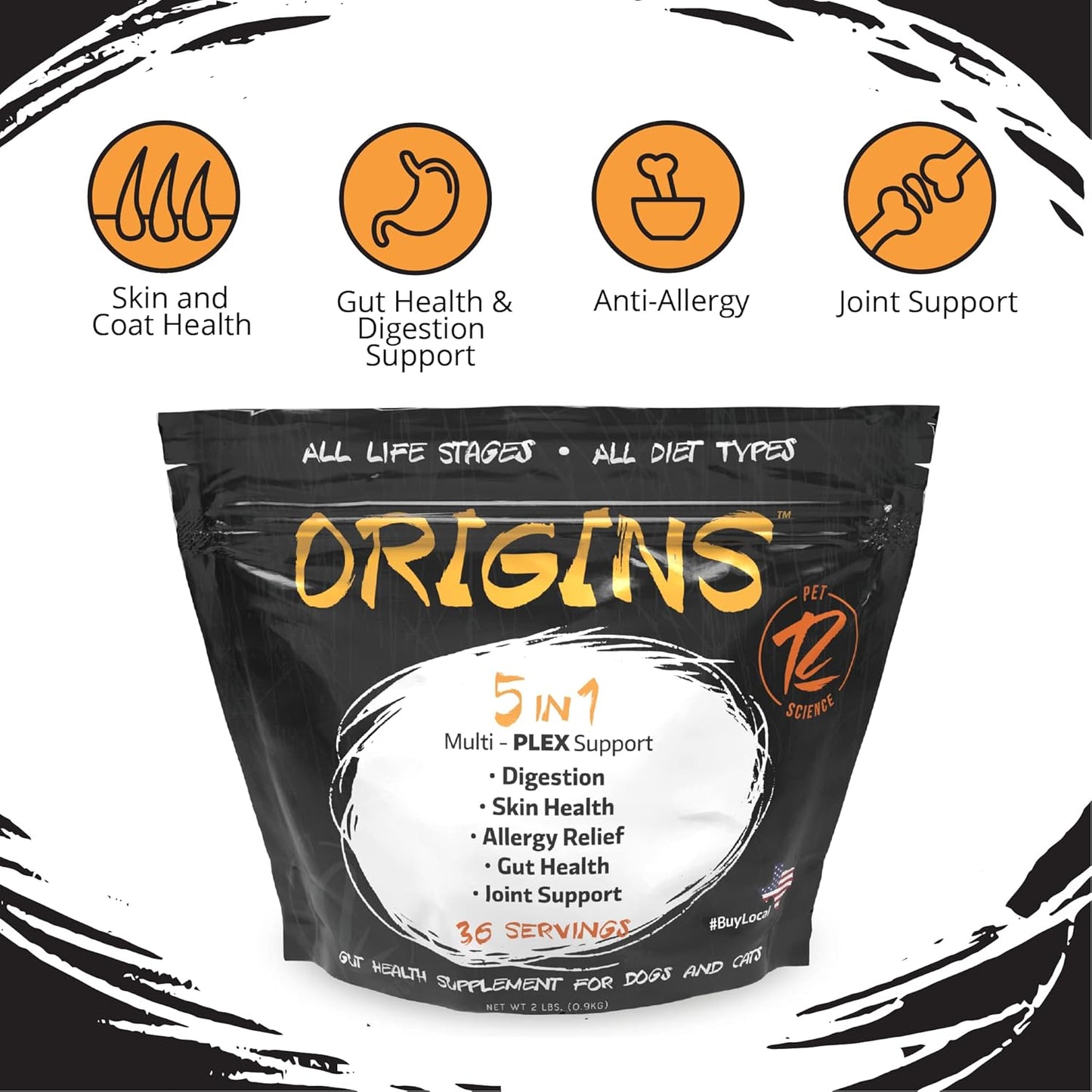 Origins 5-in-1 Dog Supplement - Powdered Food Topper w/Natural Omega 3 Fish Oil - Supports Healthy Digestion, Skin, and Coat - Helps Reduce Itching & Joint Inflammation (2 lbs) - Pet Explorer