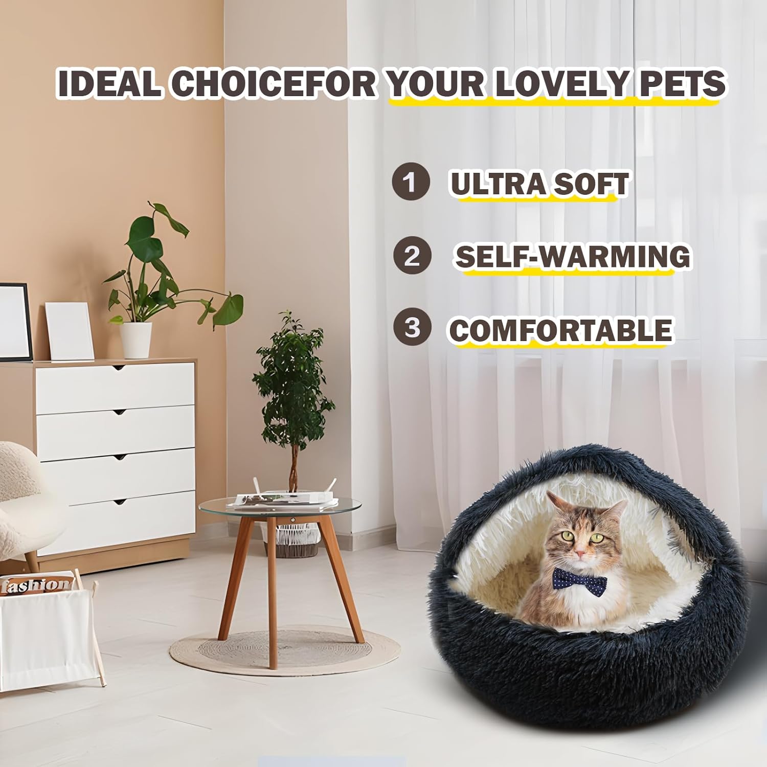Cat Bed for Indoor Cats, Calming Cozy Cave with Self-Warming Plush, Entire Bed Machine Washable & Anti-Slip Base, Breathable Pet Bed for Small Cats&Dogs All Seasons (Dark Gray, 20 * 20inch) - Pet Explorer
