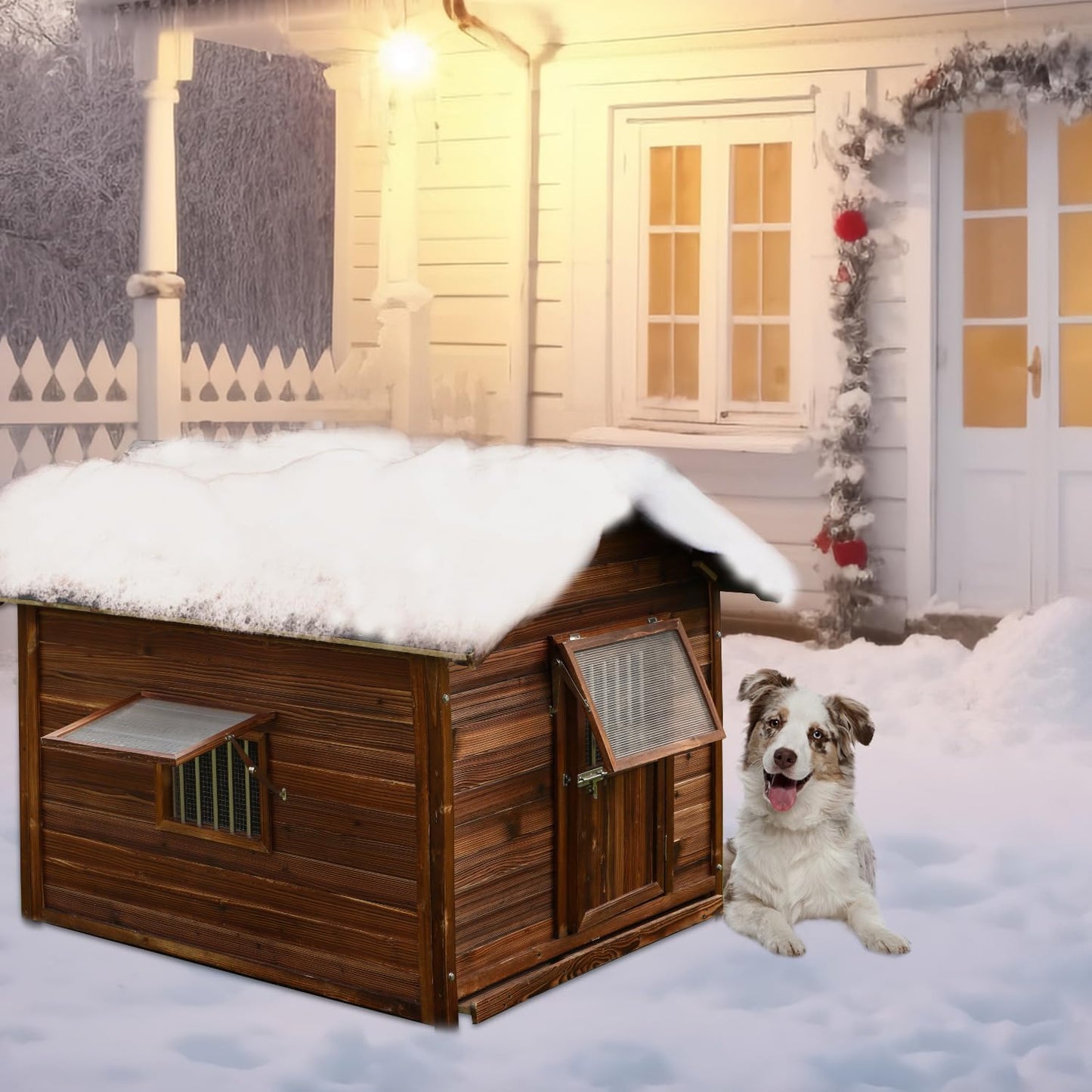 Outdoor Dog House, Natural Pine Wood Dog House with Elevated Floor, XL Outdoor Large Breed, XL-38.58''(D) X30.70''(W) X36.61''(H) - Pet Explorer