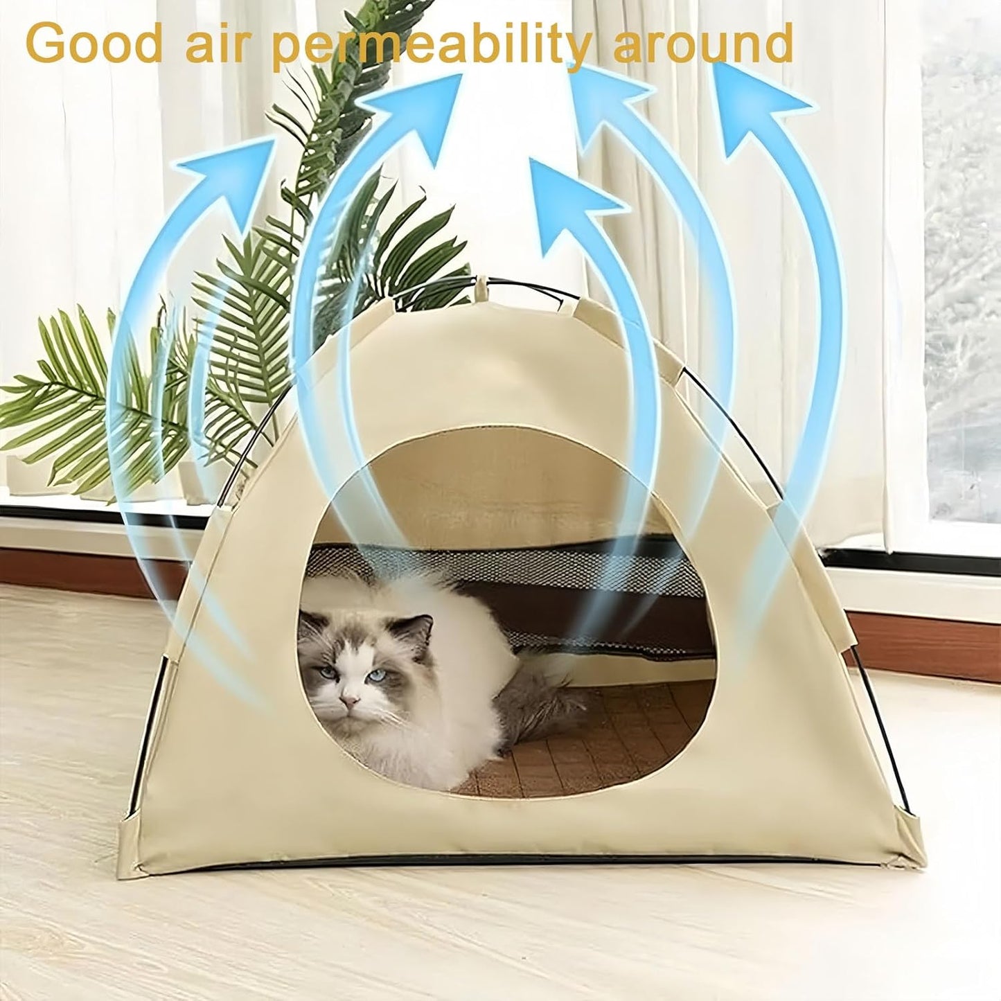 BreezyDen Pop-Up Pet Tent – Portable Hideaway for Cats & Small Dogs, Portable Indoor/Outdoor Pet Tent House with Mesh Window, Waterproof, Breathable, Scratch-Resistant, Fully Washable (Beige,L) - Pet Explorer