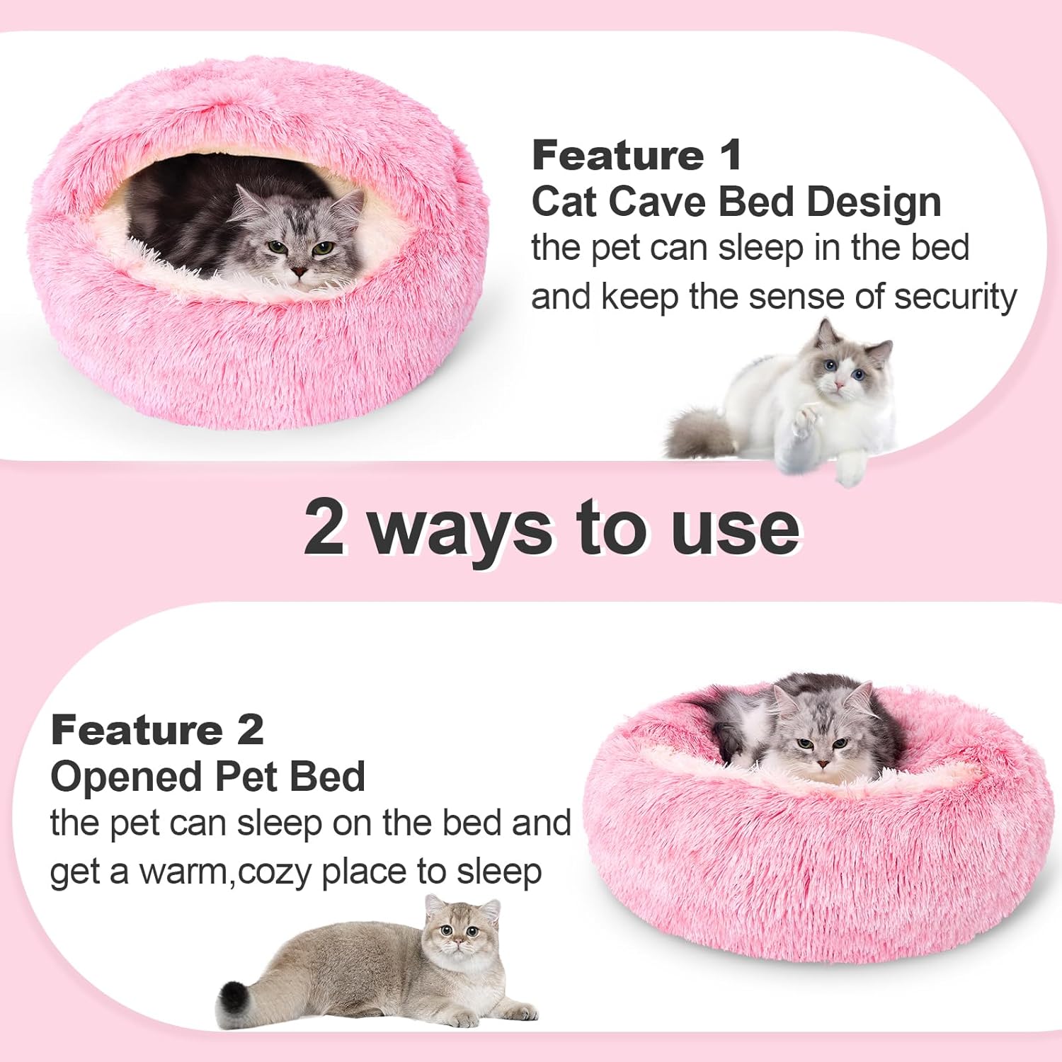 Calming Dog Beds & Cat Cave Bed with Hooded Cover,Removable Washable Round Beds for Small Medium Pets,Anti-Slip Faux Fur Fluffy Coved Bed for Improved Sleep,Fits up to 15/25 lbs(Pink,S) - Pet Explorer