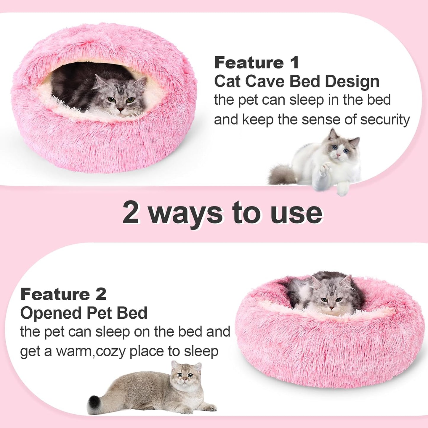 Calming Dog Beds with Hooded Cat Cave Cover - Removable, Washable Round Beds for Small to Medium Pets, Anti-Slip Faux Fur Fluffy Cover for Improved Sleep - Fits up to 15/25 lbs (Pink, M) - Pet Explorer