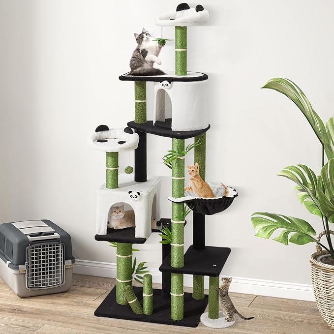 Erinnyees Cat Tree, 71.3 Inches Cat Tower for Indoor Cats with Panda Design, Spacious Cute Kitty Condo with Sisal Scratching Post, Cozy Hammock and Multi-Level Platform, Stylish Pet Furniture