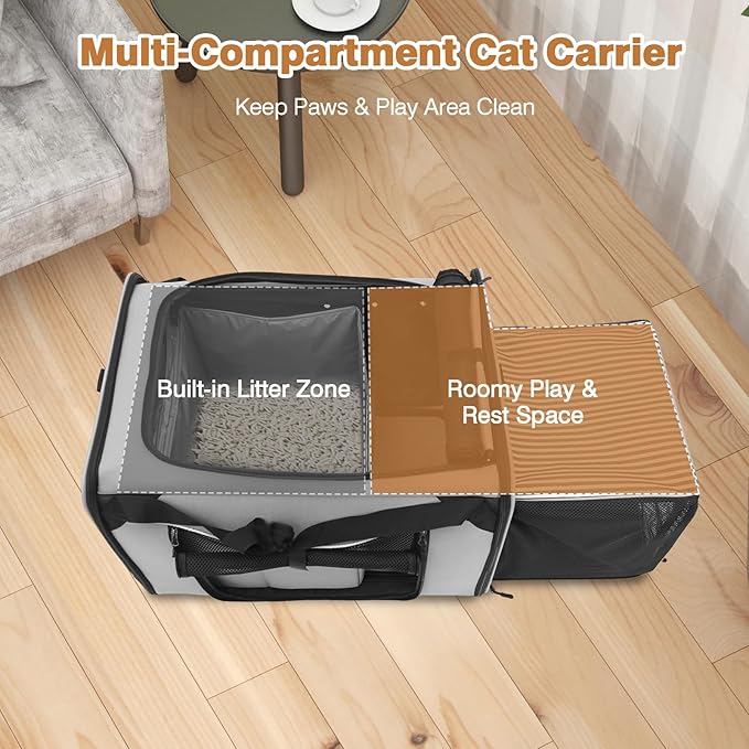 Large Cat Carrier for 2 Cats, 24"x16"x17" Soft Cat Travel Carrier with Litter Box, Expandable Cat Carrier for Car Travel Long Distance, Up to 55 lbs