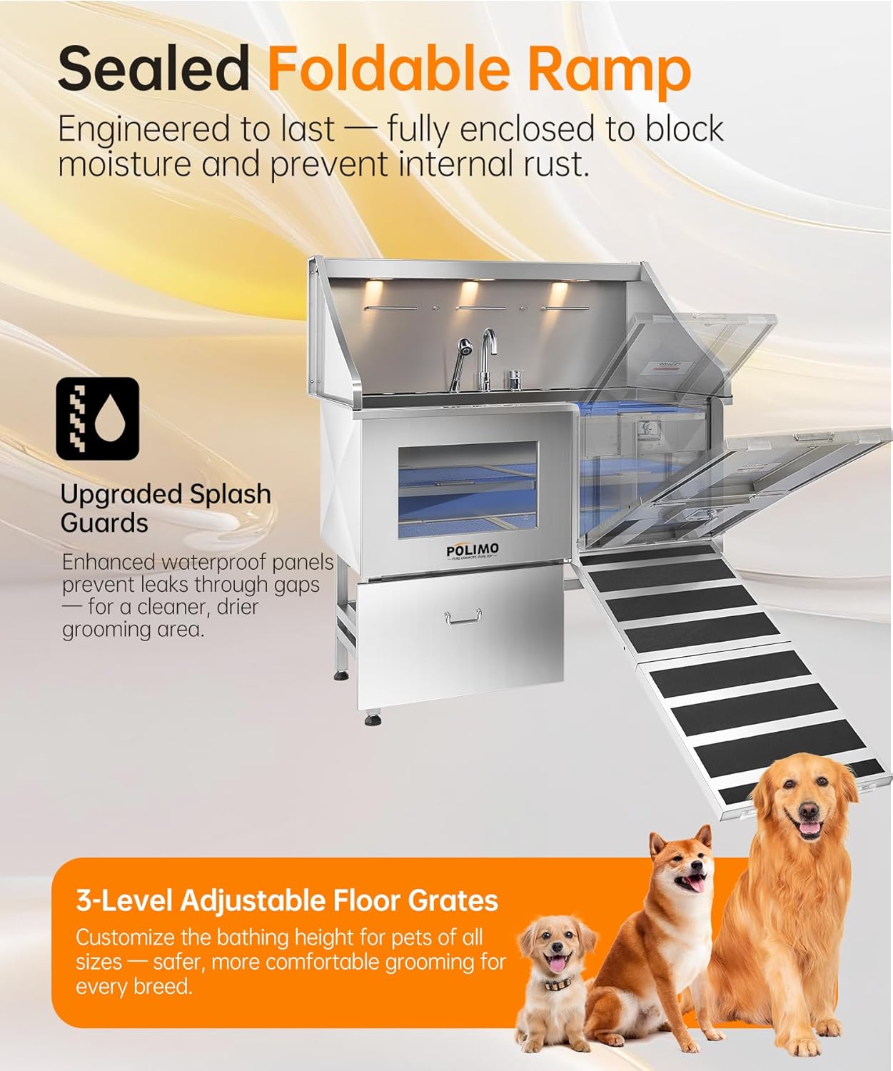 POLIMO Dog Washing Station, LED Professional Stainless Steel Dog Bathing Station 50", Dog Grooming Tub for Large, Medium & Small Dog - with Window, Ramp, Drawer, Floor Grate & Faucet (Right RAMP, 50") - Pet Explorer