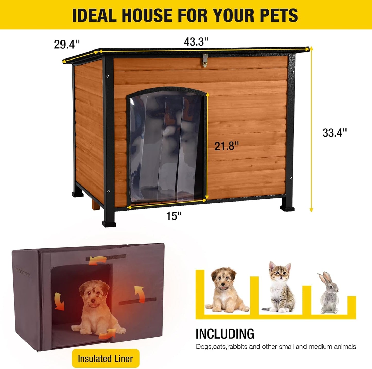 Insulated Outdoor Dog House with Liner for Winter Wooden Dog Kennel with All-Around Iron Frame,Waterproof - Pet Explorer