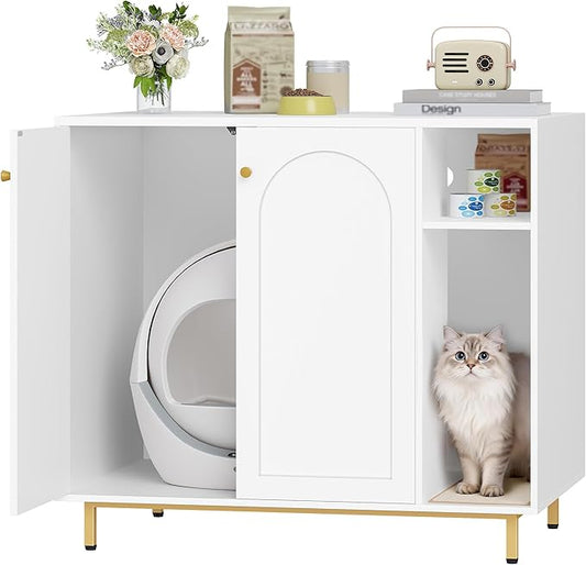 Extra Large Cat Litter Box Enclosure, Automatic Litter Box Furniture with Scratch Pad, Wooden Modern Self-Cleaning Cat Cabinet with Storage, Cats House, End Table, White and Gold CB87103G