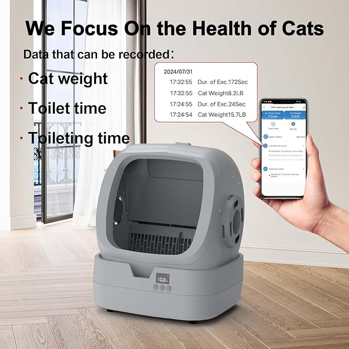 Automatic Cat Litter Box Self Cleaning - APP Control and Weight Monitoring - Ultra-Quiet, Suitable for Medium Cats and Kittens, Safe Anti-Pinch Litter Box (Assembly Required) - Light Grey