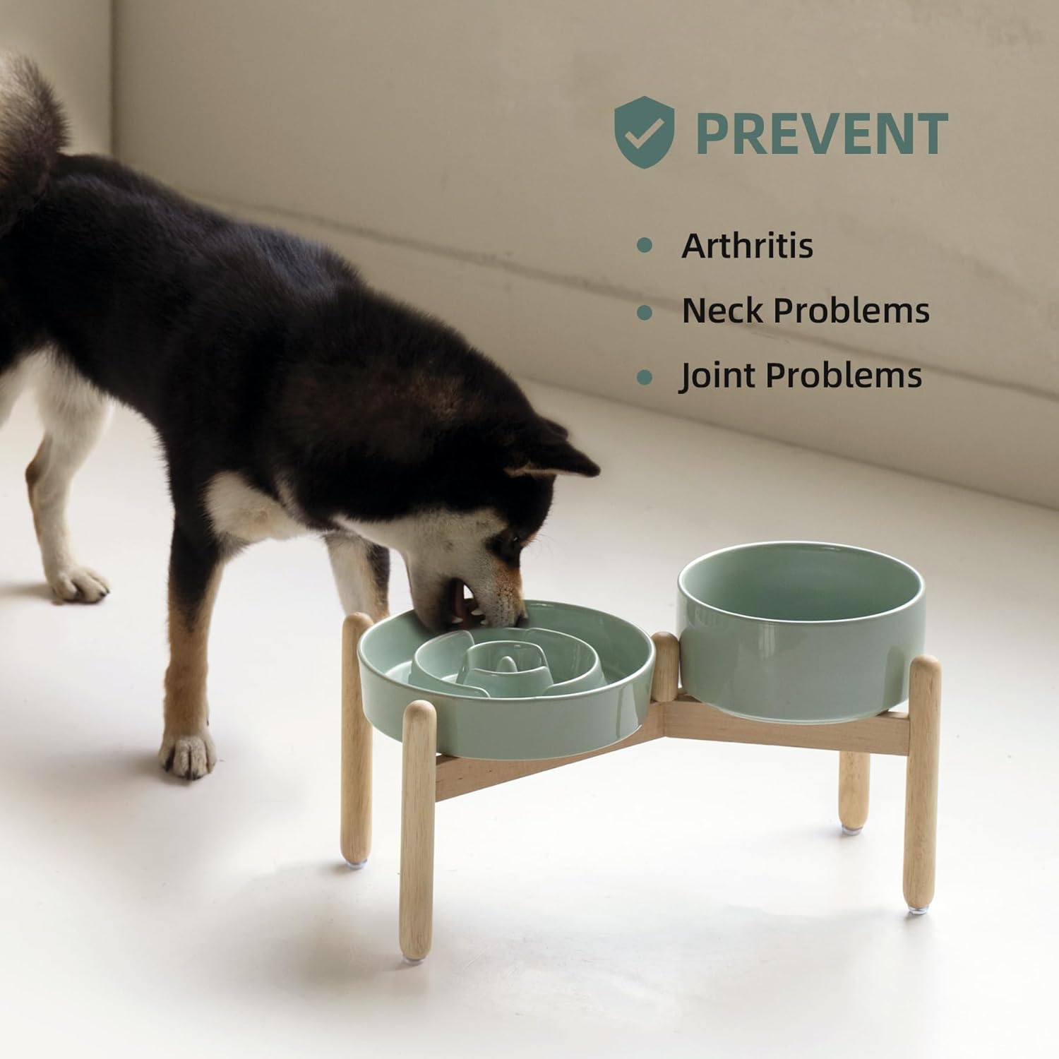 Ceramic Raised Slow Feeder Dog Bowl Set, Elevated 7.3inch Bowl and 8.2inch Puzzle Slow Dish with Wooden Stand for Medium and Large Dog, Anti-Gulping (2X Light Green+ Stand) - Pet Explorer