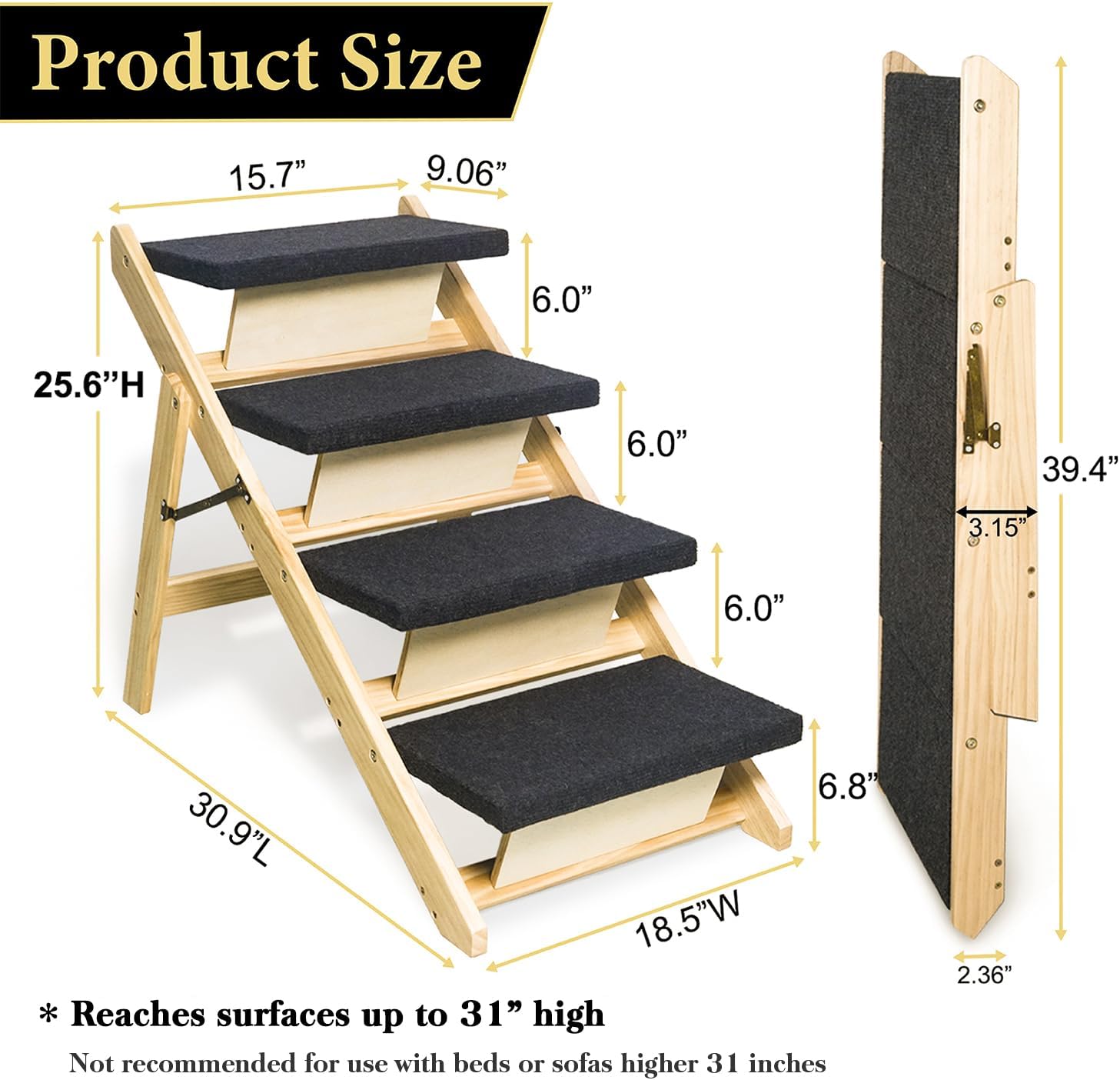 BRIKY 2-in-1 Dog Stairs/Ramp with 4 Steps, Foldable Dog Stairs for High Beds Cars Couch, Durable Wooden Pet Stairs for Small Medium Large Dogs, No Assembly Required - Pet Explorer