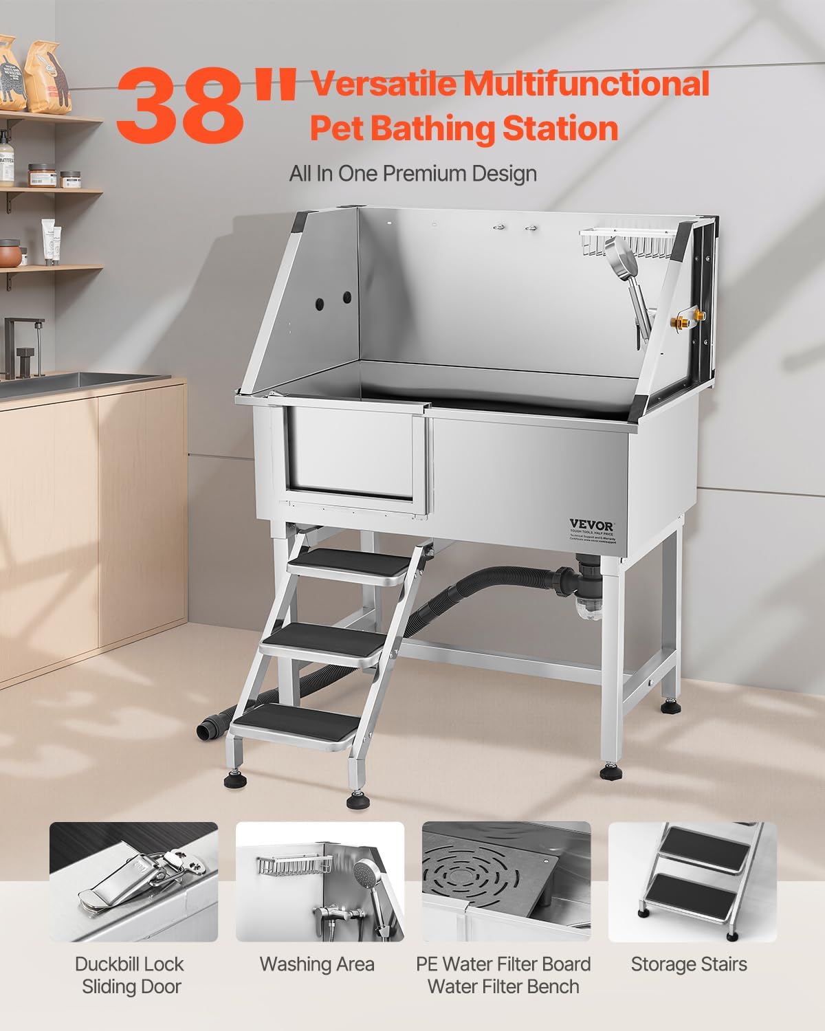 VEVOR Stainless Steel Dog Washing Station, 38 inch Pet Grooming Tub w/Storage Stairs, Faucet & Showerhead & Soap Holder Dog Bathtub for Medium & Small Pets (Left Door) - Pet Explorer