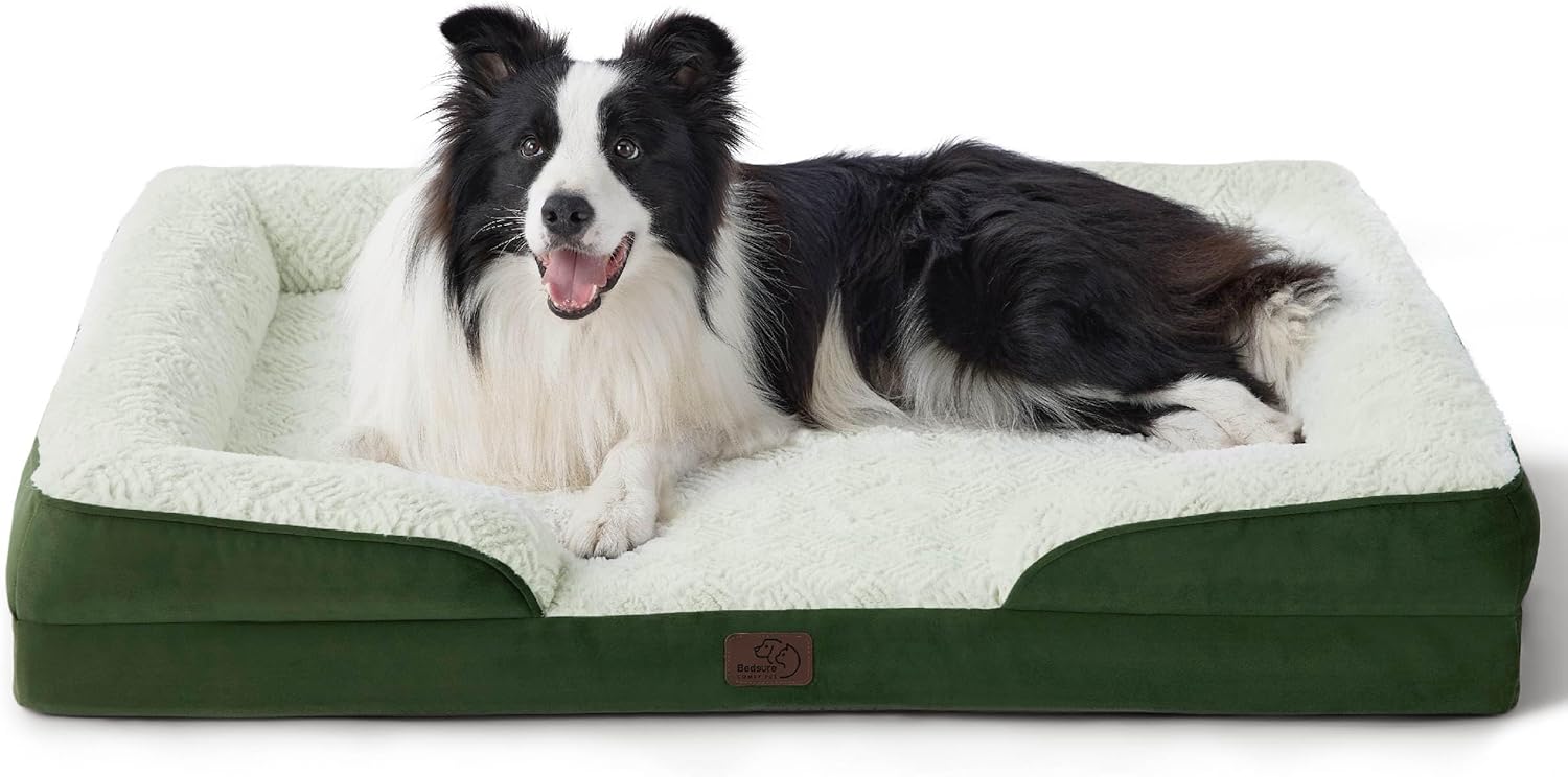 Bedsure Orthopedic Dog Beds Large Sized Dog - Washable Large Dog Cat Bed Waterproof, Comfort Dogs Couch Sofa with Washable Removable Cover, Pet Bed with Nonskid Bottom, Plush-Green, 35" - Pet Explorer