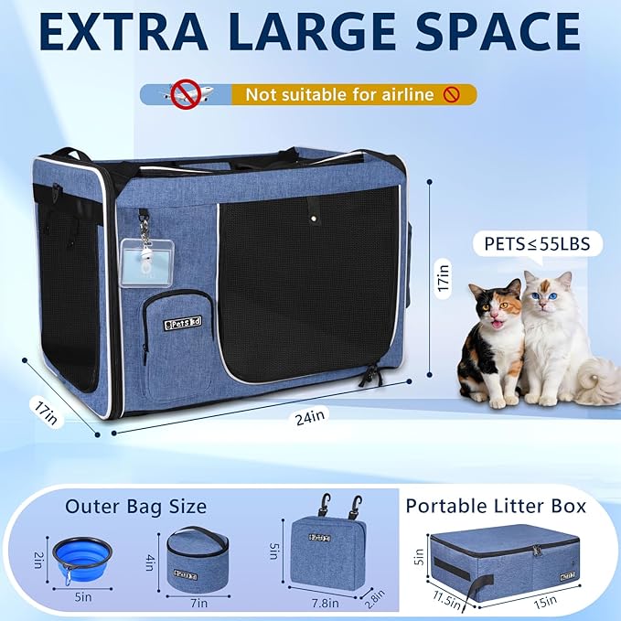Petskd Extra Large Cat Carrier with Litter Box for Car Travel,24"x17"x17"Portable Soft-Sided Pet Carrier with Zipper Locks for Large Mudium Cats or 2 Small Cats Under 55LBS(Blue)