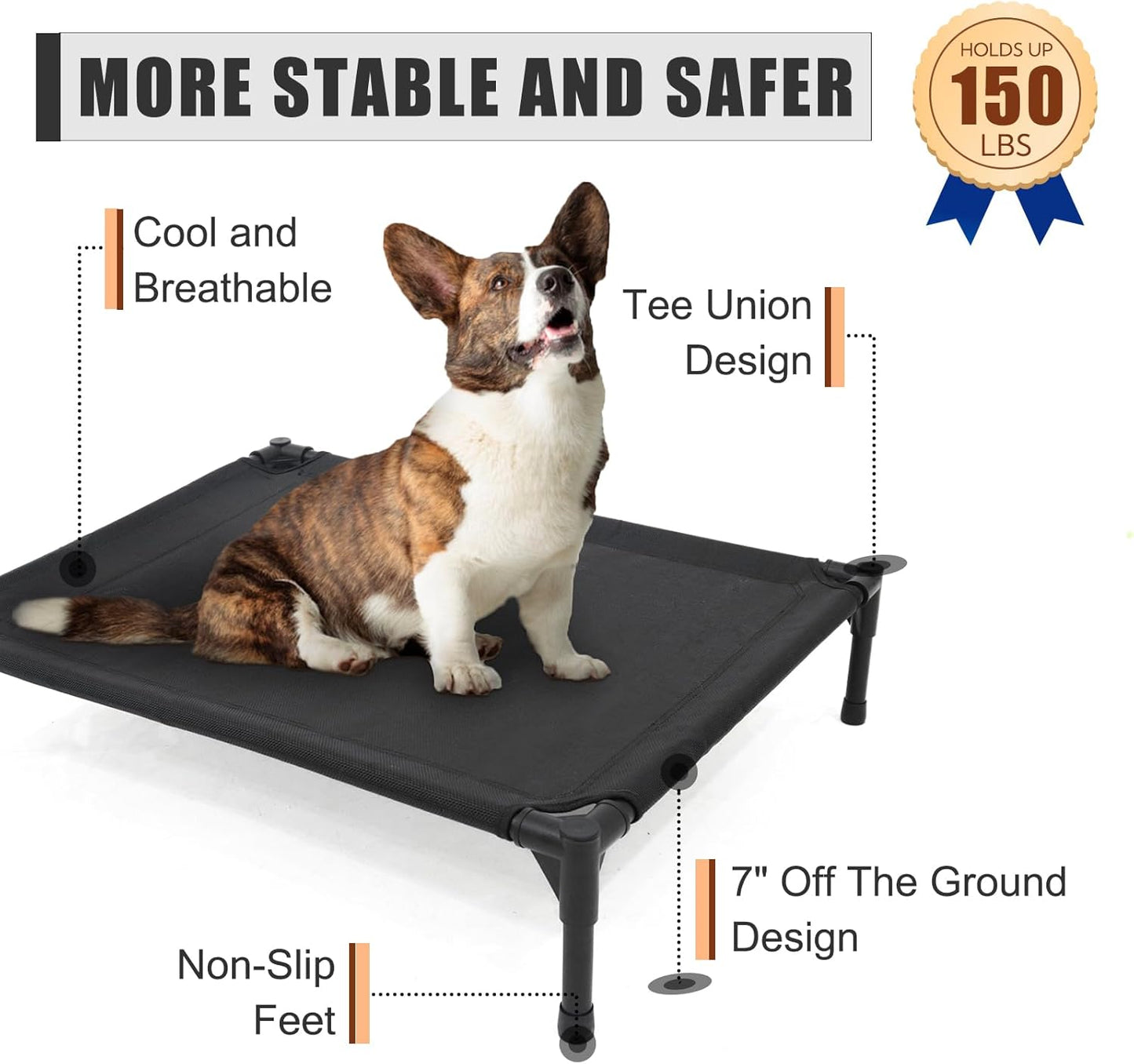 Elevated Dog Bed for Medium Dogs, Raised Dog Cot Beds Fits Up to 150 LBs, Heavy Duty Pet Cots with Durable Supportive Teslin Recyclable Washable Mesh, Indoor & Outdoor Dog Bed, Black - Pet Explorer