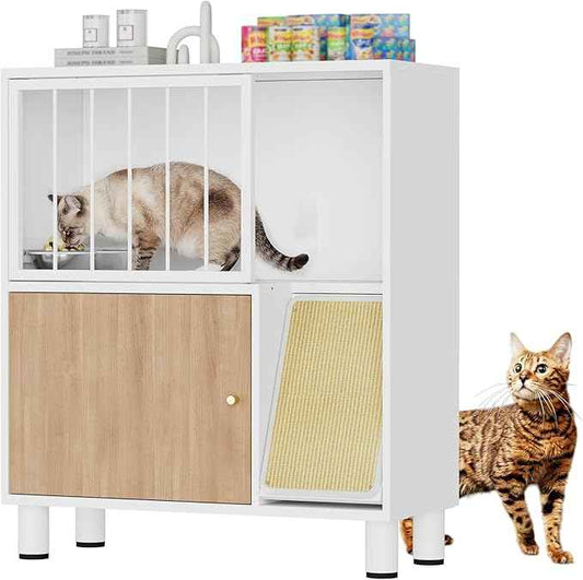 Dog Proof Cat Feeding Station, Metal Cat Feeding Station with Scratching Board, Raised Bowls for Indoor Cats, Elevated Food Bowls with Stand, Pet House Furniture (Metal White)