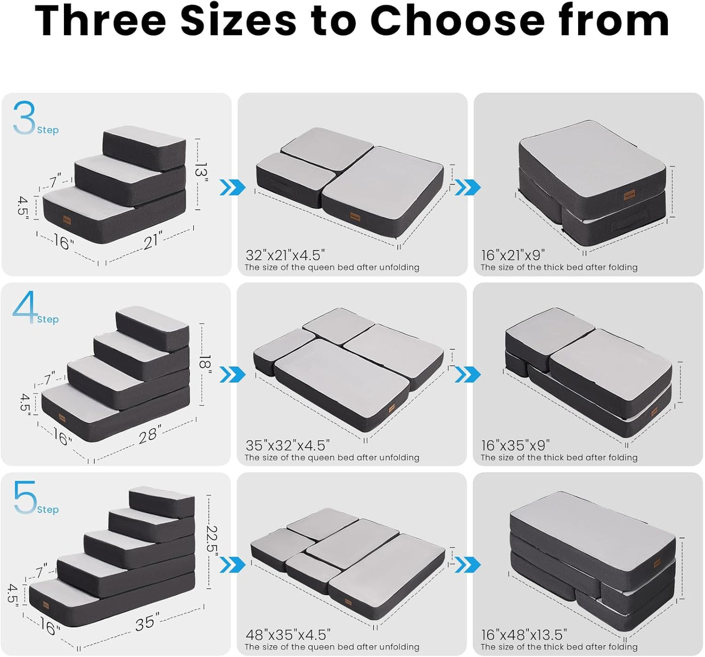 4-Step Adjustable Dog Stairs for Beds, Dog Steps for Small Dogs and Cats, Foldable Pet Stairs for Bed Climbing, Non-Slip Pet Step Indoor, Grey - Pet Explorer