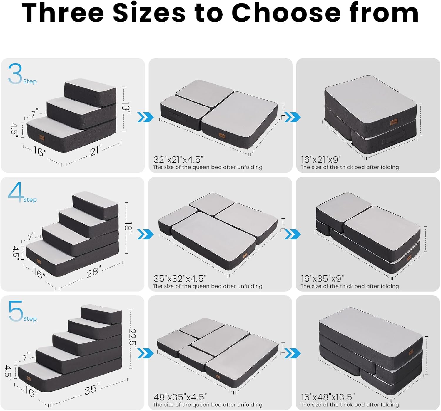 3-Step Adjustable Dog Stairs for Sofa and Couch, Dog Steps for Small Dogs and Cats, Foldable Pet Stairs for Low Bed Climbing, Non-Slip Pet Step Indoor, Grey - Pet Explorer