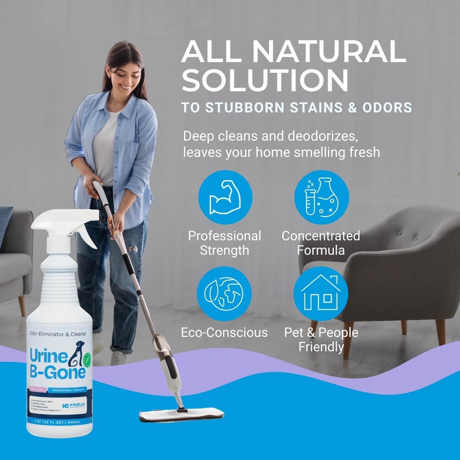 KINZUA ENVIRONMENTAL Urine B-Gone, Professional Enzyme Odor Eliminator & Pet Stain Remover, Human, Cat & Dog Urine Cleaner, Effective on Laundry, Carpets & More, Lavender Scent, 32oz - Pet Explorer