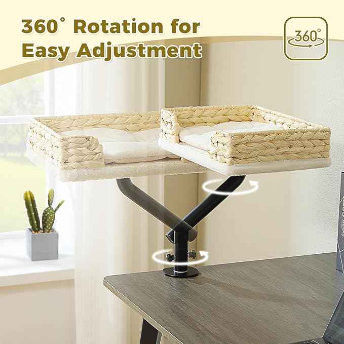 PAWZ Road Cat Desk Bed for Indoor Cats, Wicker Cat Bed for Desk Supports Up to 50 lbs, 360° Rotation & Adjustable Soft Plush Cats Hammock for Desktop, White