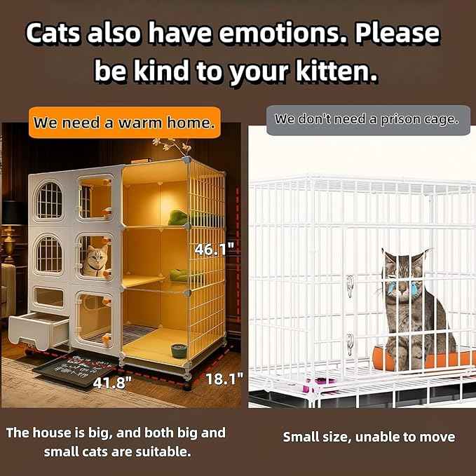 Indoor cat cage with Litter Box, Complimentary Cat Bed, Bow,lcat House with Wheels Outdoor,Large cat Villa Playpen, Small Animal Dog Kennel cat enclosures (42″(L) x18.2″(W) x46.2″(H))