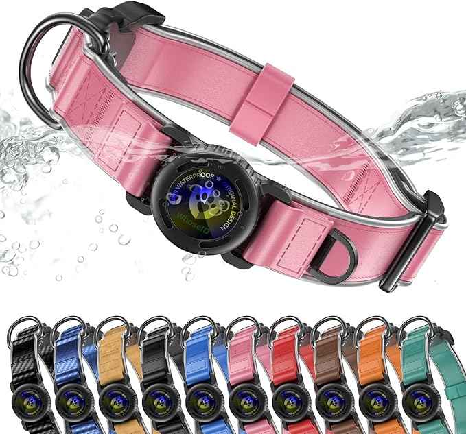 WhoseID Premium Leather Dog Collar for Large Dogs - IPX8 Waterproof AirTag Dog Collar | Magnetic Buckle Heavy Duty Collar | 450LB Escape-Proof | Reflective Dog Collar with AirTag Holder