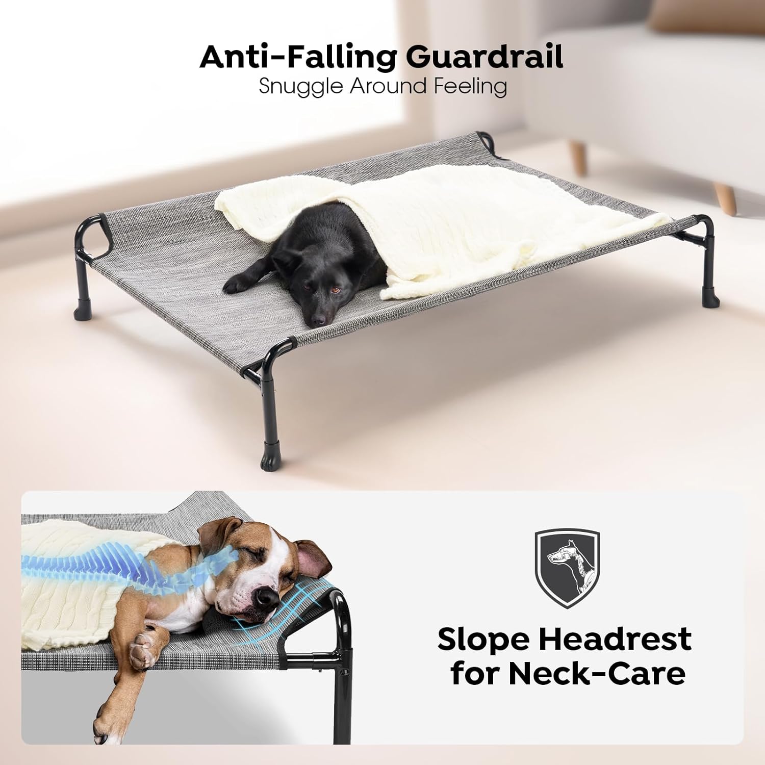 Veehoo Elevated Dog Bed, Cooling Raised Dog Bed with Guardrail & Headrest, Upgraded Non-Slip Silicon Feet, Breathable Teslin Mesh, Portable Pet Cot for Indoor and Outdoor, 35 x 22 Inches, Black Silver - Pet Explorer