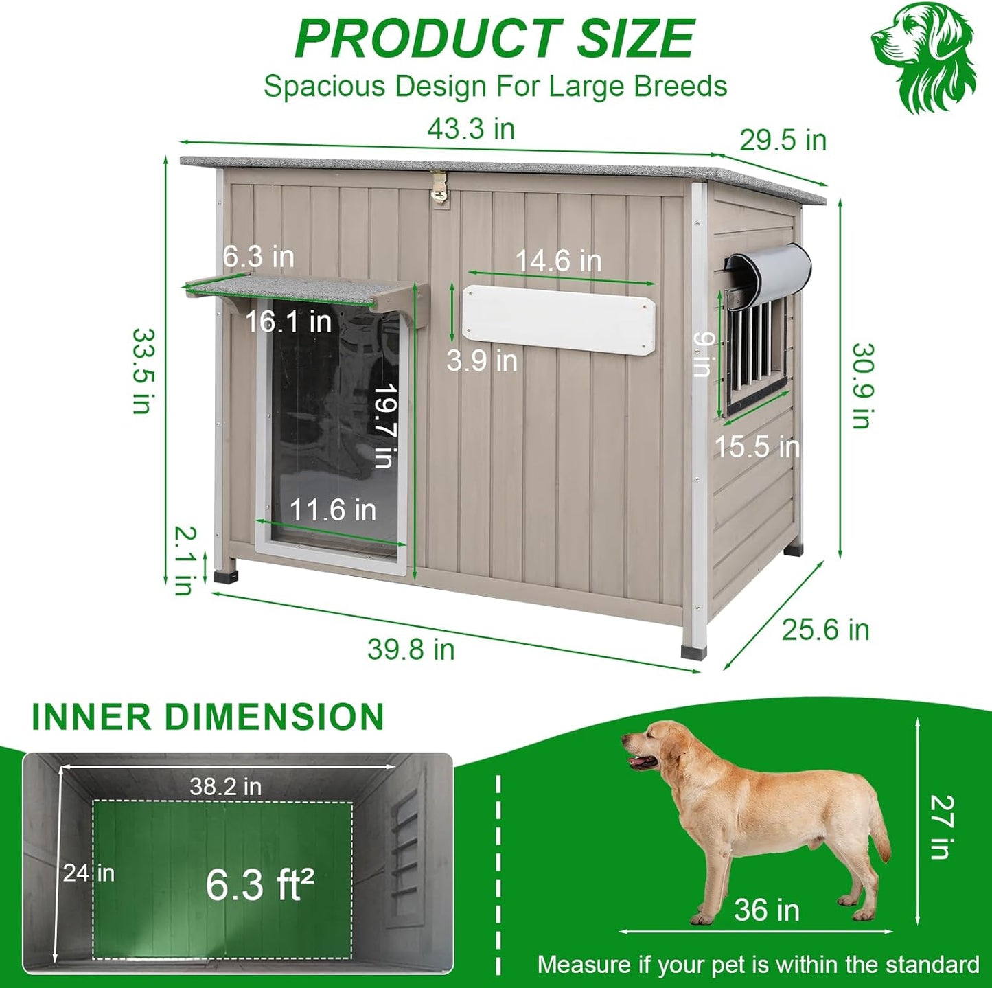 Dog House Outdoor Weatherproof & Wooden Dog Kennel with Chew-Proof Iron Frame，Removable Floor, Adjustable Vent Window, Easy Assembly for Large and Medium Dogs 43.3" D x 29.5" W x 33.5" H - Pet Explorer