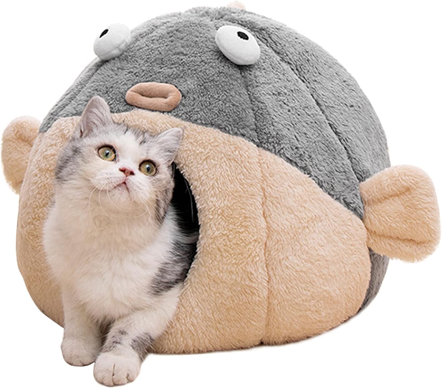 Cat Beds for Indoor Cats - Cat Bed Cave with Removable Washable Cushioned Pillow,2 in 1 Super Soft Animal-Shape Cat Tent for Kitten and Small cat, Lively Pufferfish cat beds & Furniture, Grey(M) - Pet Explorer