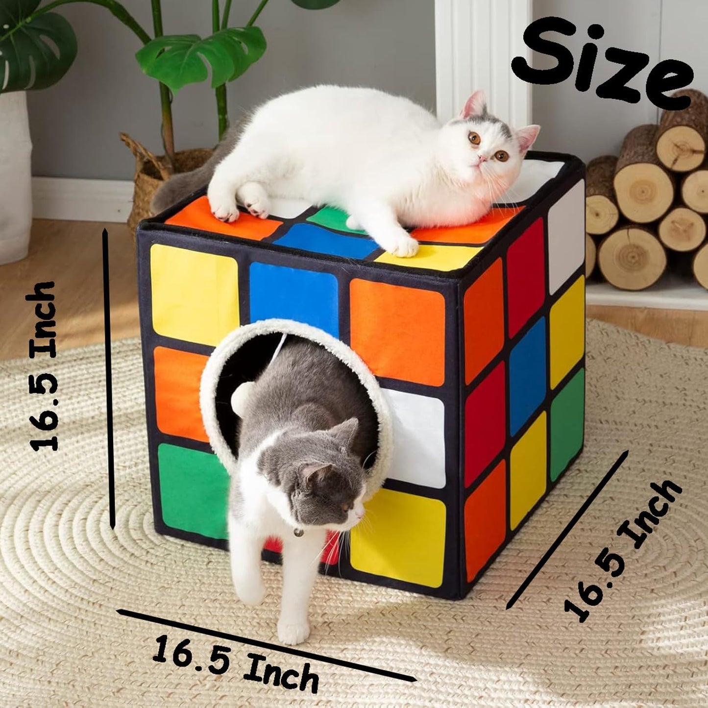 LUCKITTY Cat Condo House with Reversible Cushions and Fluffy Ball Hanging, Foldable Magic Cube, Large Cave Bed for Indoor Cats, Unique Puzzle Shape Lagre 16.5“ x 16.5" x 16.5” - Pet Explorer