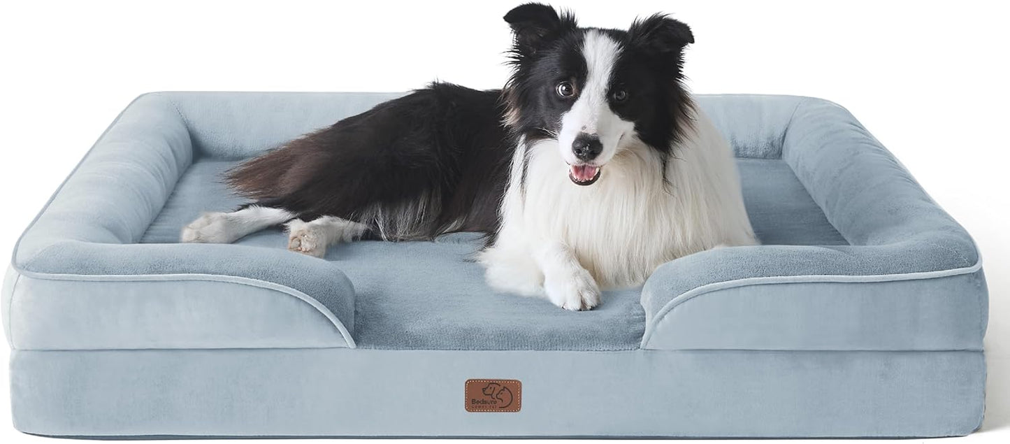 Bedsure Orthopedic Dog Beds Large Sized Dog - Washable Large Dog Cat Bed Waterproof, Comfort Dogs Couch Sofa with Washable Removable Cover, Pet Bed with Nonskid Bottom, Light Blue, 35" - Pet Explorer