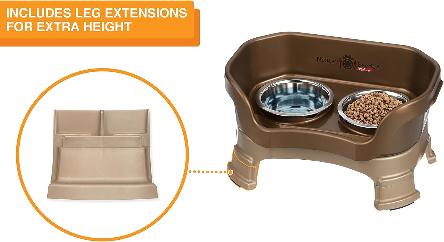 Neater Feeder Deluxe Mess Proof Dog Bowls Elevated for Small Breeds – Made in USA – No Spill Raised Dog Food Bowl Stand w/Leg Extensions – Stainless Steel Dog Food and Water Bowl Set – Bronze - Pet Explorer