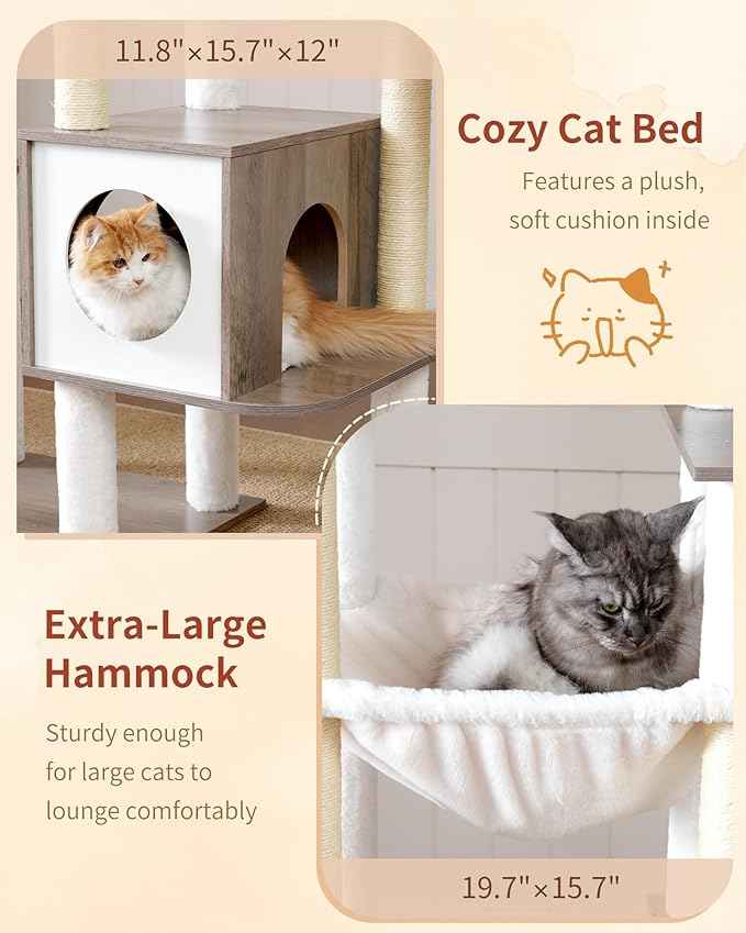 Heybly Cat Tree, 70.5 Inch Wood Tall Cat Tower for Large Indoor Cats with Extra Stable Structure, Modern Cat Furniture with All-Sisal Scratching Posts, Cat Condo & Hammocks, Greige HCT121SG