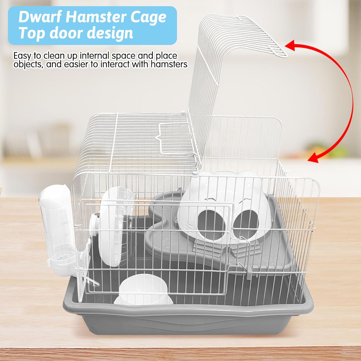 PINVNBY Dwarf Hamster Cage, Small Animal Cages, 2-Tier Travel Portable Mouse Cage Hamster Carrier with Castle House Running Exercise Wheels, Water Bottle and Food Dis（Gray） - Pet Explorer