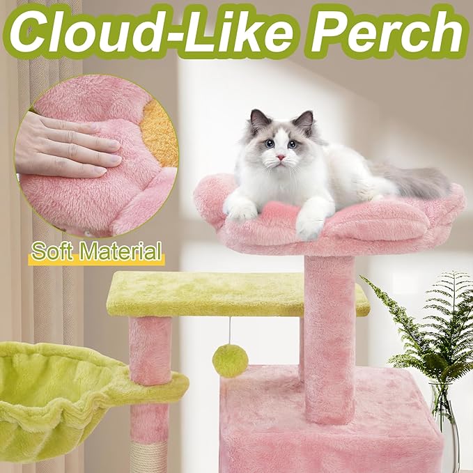 Cat Tree Tower with Metal Frame Hammock, 41'' Cat Trees for Indoor Cats Large Adult, Cat Towers with Scratching Post, Cats Condo furniture with Pink Flower Perch, Cats Climbing Tower for Kittens(Pink)
