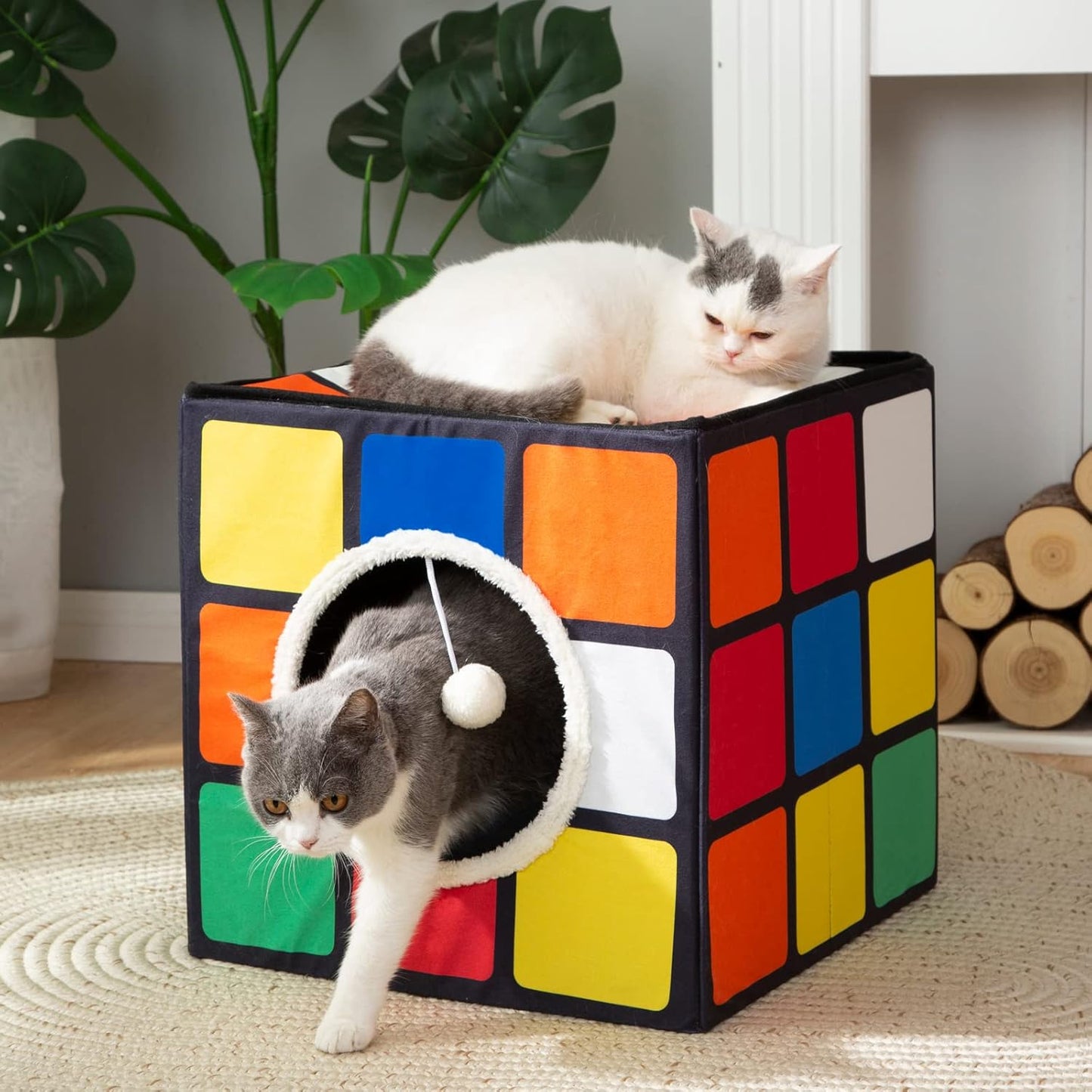 LUCKITTY Cat Condo House with Reversible Cushions and Fluffy Ball Hanging, Foldable Magic Cube, Large Cave Bed for Indoor Cats, Unique Puzzle Shape 15.7“ x 15.7" x 13.4” - Pet Explorer